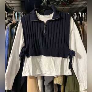 Zara Navy Blue Ribbed Sweater Vest + Long Sleeve Shirt 2 in 1